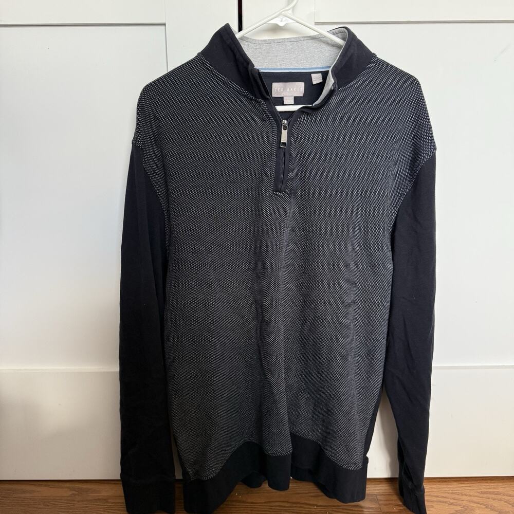 Ted Baker Men's XL Black Gray Tight-Knit 1/4 Zip Pullover Sweater Mock Neck